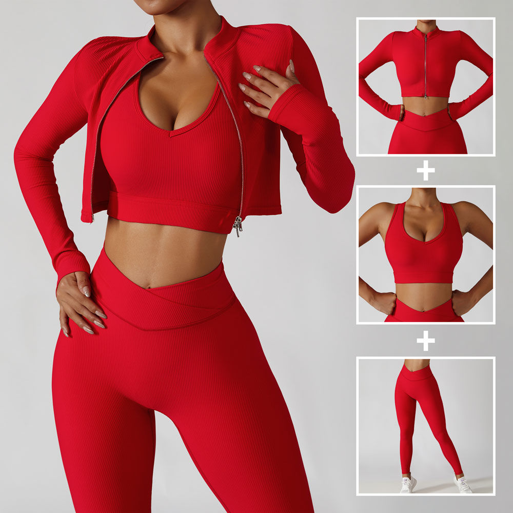 Women's 3-Piece Tracksuit Set – Jacket + Sports Bra + Leggings – Push Up Gym