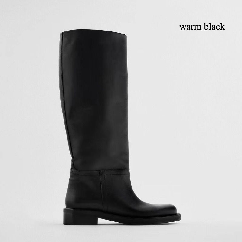 Thumbnail: Black Leather Knee High Boots for Women Low Block Heel Round Toe Elegant Versati