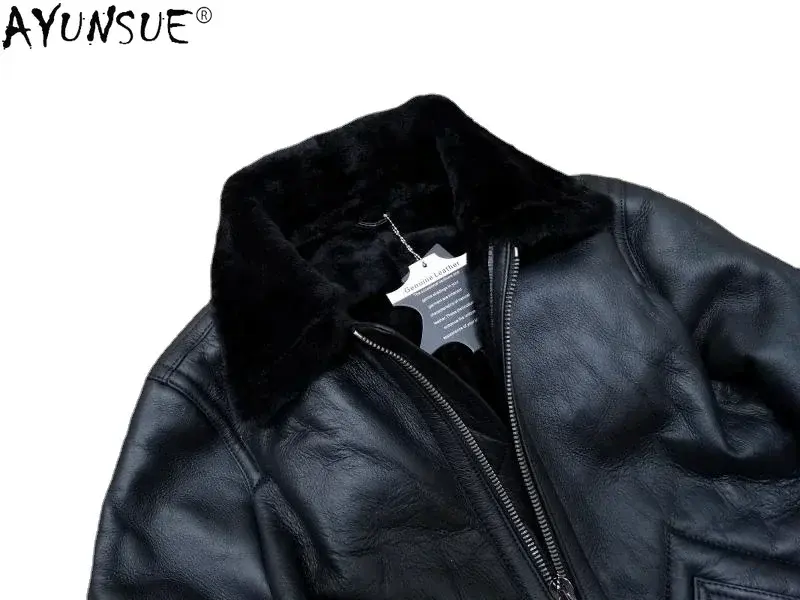Thumbnail: 2022 Genuine Sheepskin Winter Jacket Male Leather Jackets Black Warm Nature Real