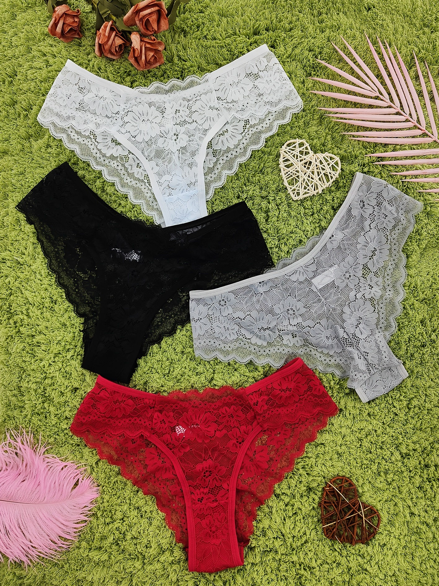 4 Pcs Women's Elegant Sheer Jacquard Lace Bikini Panties, Mid Stretch Low Waist