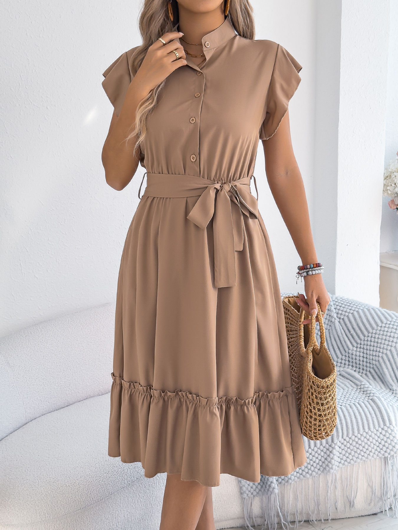 Casual Summer Woman Dress Solid Color Single Breasted Ruffle Edge Short Sleeved 
