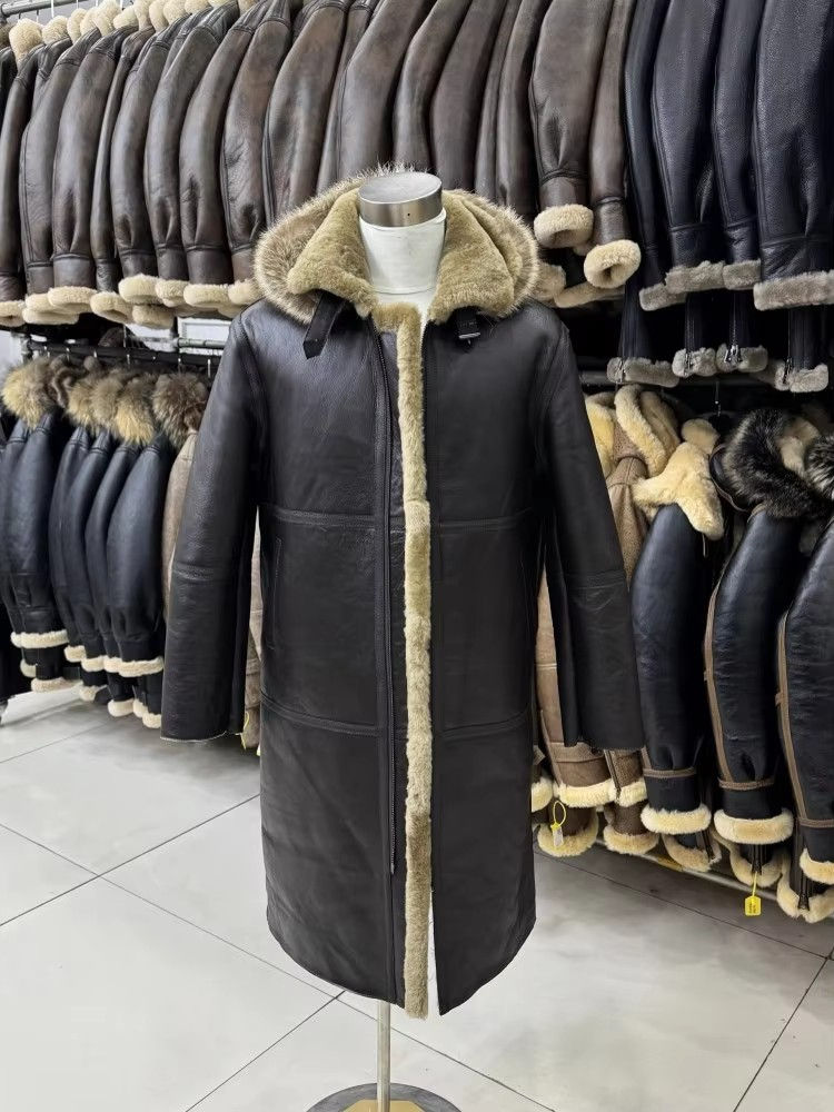 Thumbnail: Winter Mens Thick Warm Natural Shearling Long Overcoat Slim Fit Hooded Sheepskin