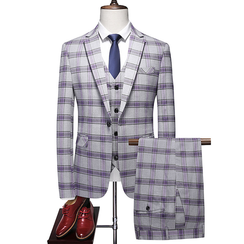 Thumbnail: Men's High-End Plaid Three-Piece Suit Set European American Fashion Wedding Busi
