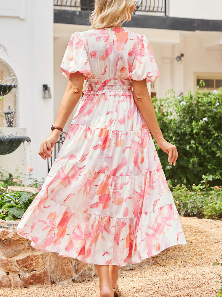 Thumbnail: Evening Gown Dress Women's Casual Summer V-Neck Puff Sleeve High-Waisted Tie-Wai