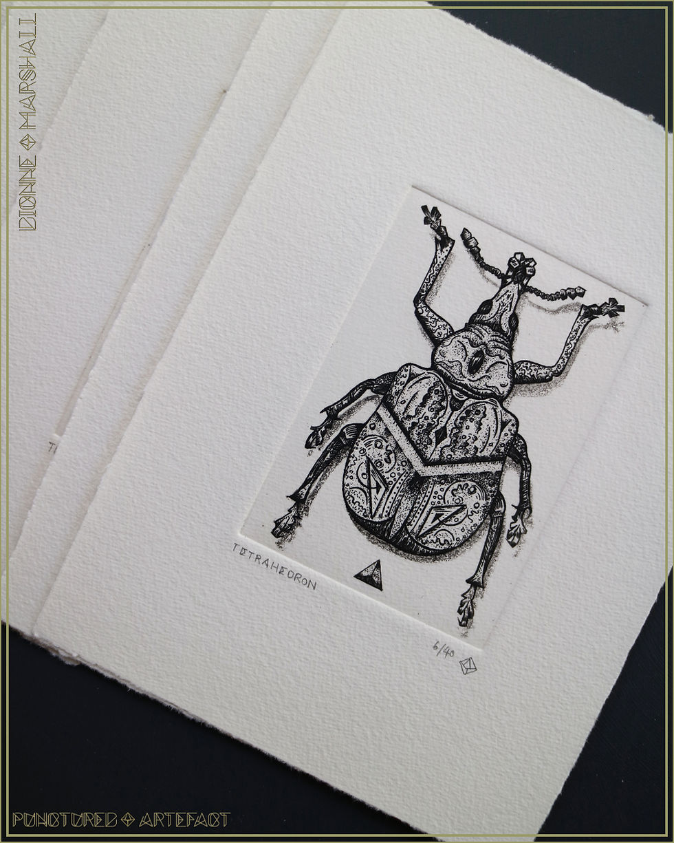 Thumbnail: Tetrahedron Beetle. Etching With Aquatint. Original Intaglio Print. By artist Dionne Marshall