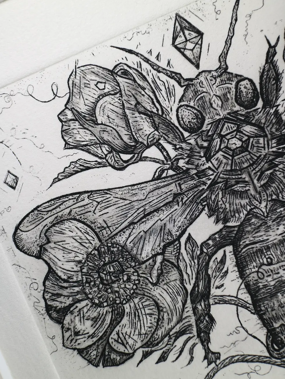 Thumbnail: Lencten. Copperplate Aquatint etching. Bee In Flowers. Original Intaglio Print.Dionne Marshall.