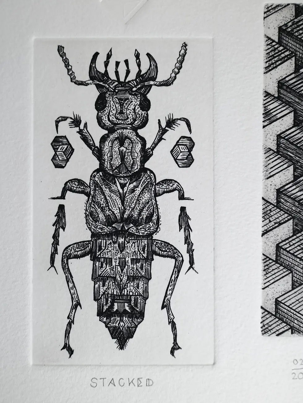 Thumbnail: Stacked. Copperplate Etching With Emboss. Original Intaglio Print by Dionne Marshall of Punctured Artefact.