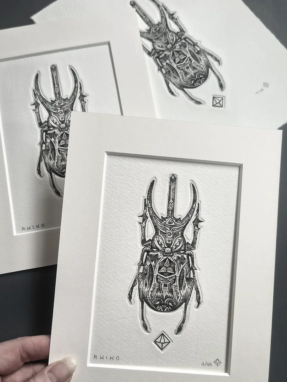 Thumbnail: RHINO. Copperplate Aquatint Etching with Embossing. Original Intaglio Print. Dionne Marshall of Punctured Artefact.