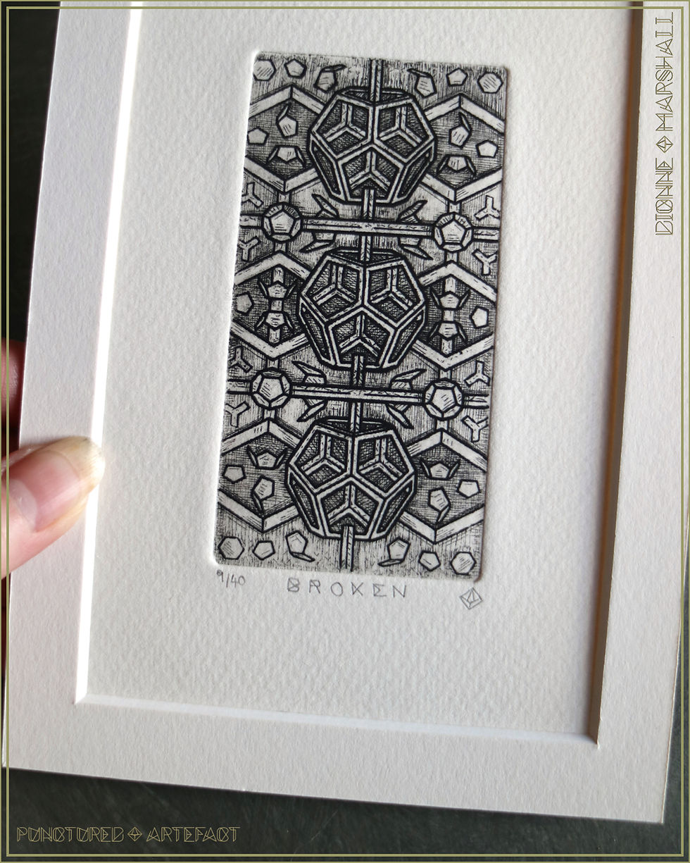 Thumbnail: BROKEN.Copper Etching.Original Intaglio print by Dionne Marshall of Punctured artefact. Featuring a series of dodecahedrons &
