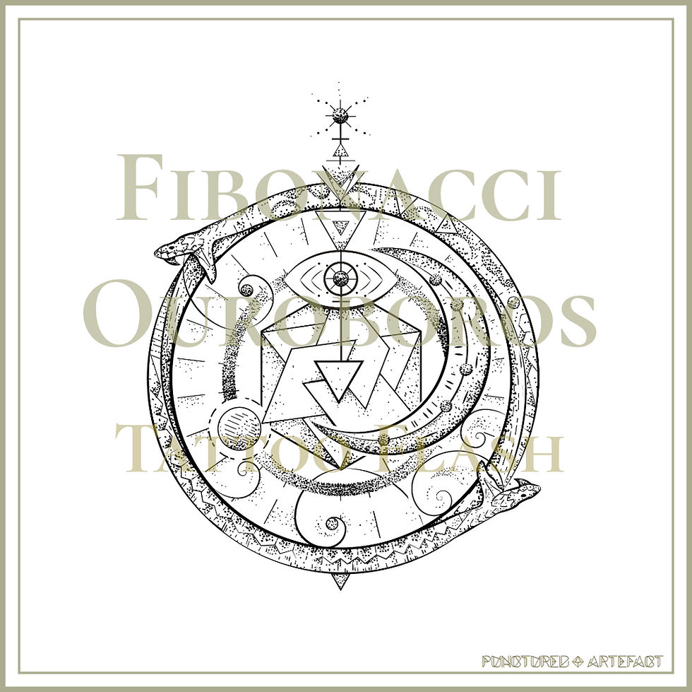OUROBOROS 4 | Fibonacci Ouroboros | Sacred Geometry & Cosmic Symbolism | Instant digital download | Tattoo Art & Flash created by the artist, Punctured Artefact | Download & take to a tattoo studio | This design features 2 snakes forming an ouroboros. Inside are an icosahedron, all seeing eye, moons & fibonacci spirals | Express your ink on your wall or your skin