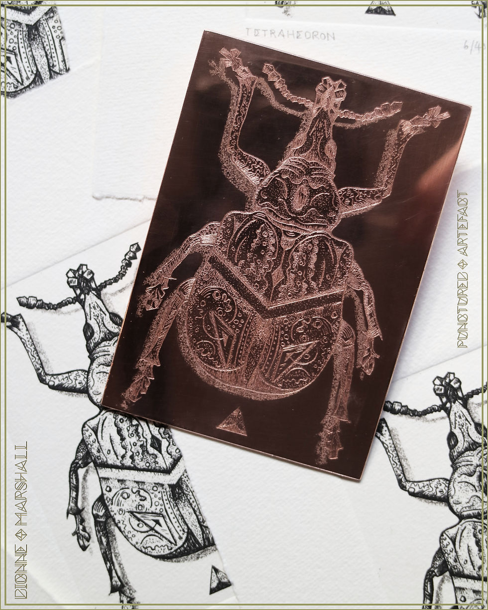 Thumbnail: Tetrahedron Beetle. Etching With Aquatint. Original Intaglio Print. By artist Dionne Marshall
