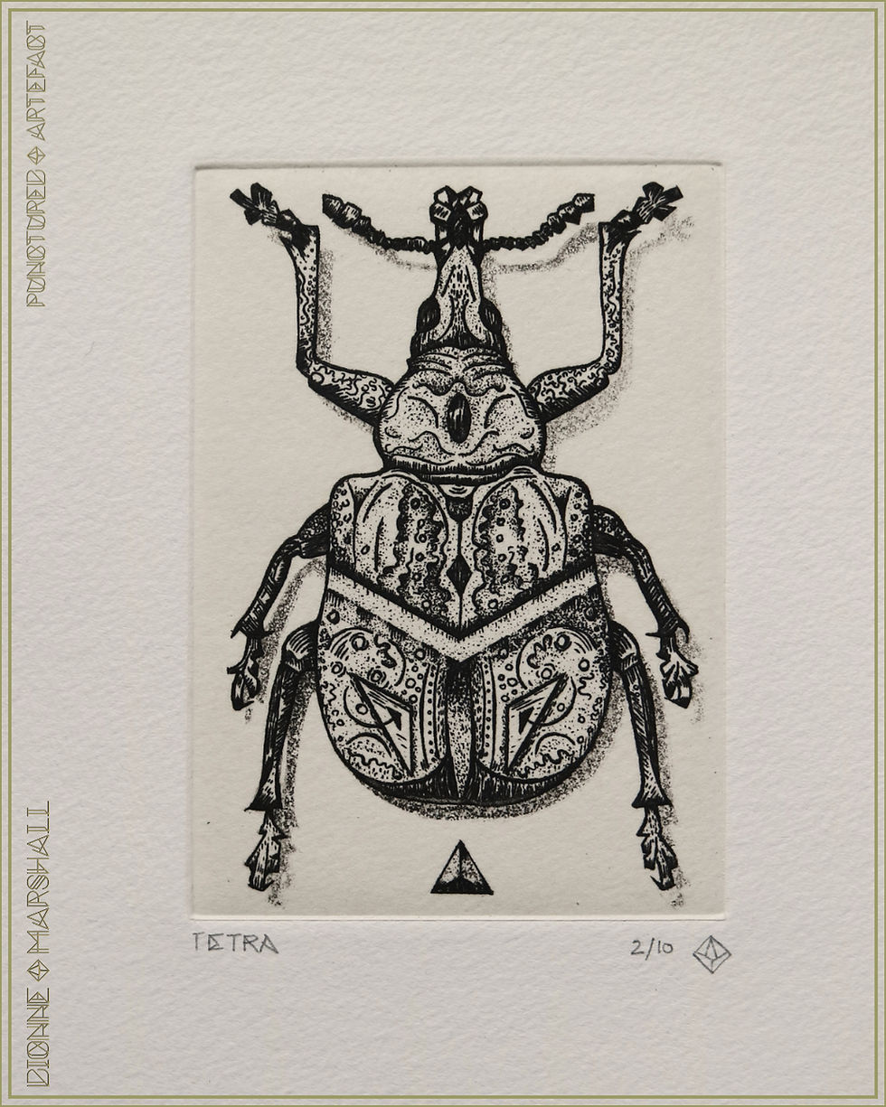 Thumbnail: TETRA BEETLE | Copper Plate Etching With Aquatint & Chine Colle | Beetle With Tetrahedron | By Artist Dionne Marshall - Punct