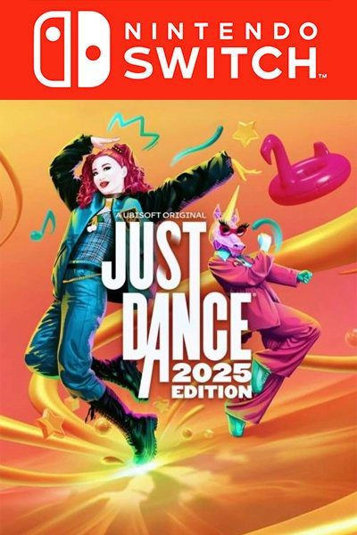 Colorful dancers in bold costumes strike poses mid-move against a bright orange backdrop with stars and inflatable icons on the Just Dance 2025 Edition game cover.