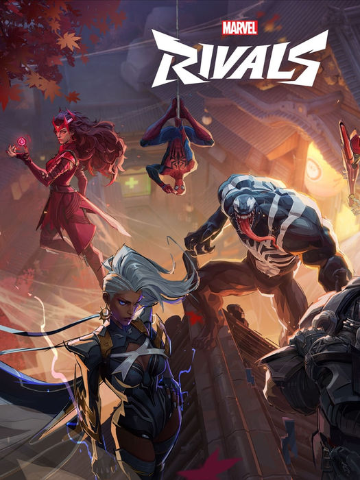 Cover art for Marvel Rivals featuring Venom, Storm, Scarlet Witch, Spider-Man, Iron Man, and other Marvel characters mid-action on a rooftop surrounded by glowing autumn leaves.