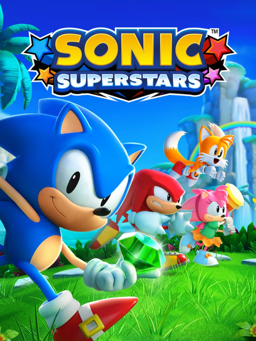 SONIC SUPERSTARS cover featuring Sonic, Tails, Knuckles, and Amy striking dynamic poses in a colorful 2.5D environment with bold graphics and vibrant background.
