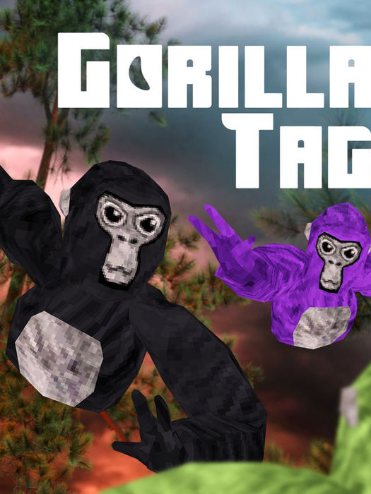 GORILLA TAG cover showing blocky, cartoon-style gorillas in black, purple, and green mid-jump in a forest setting under a dramatic sky.