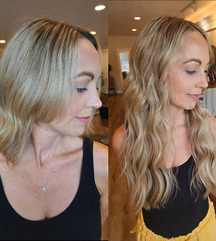 Client with fine, thinning hair transformed into soft, voluminous layers using custom hair extensions.
