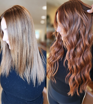 Side-by-side transformation of thin hair into long, thick, blended extensions with natural movement.