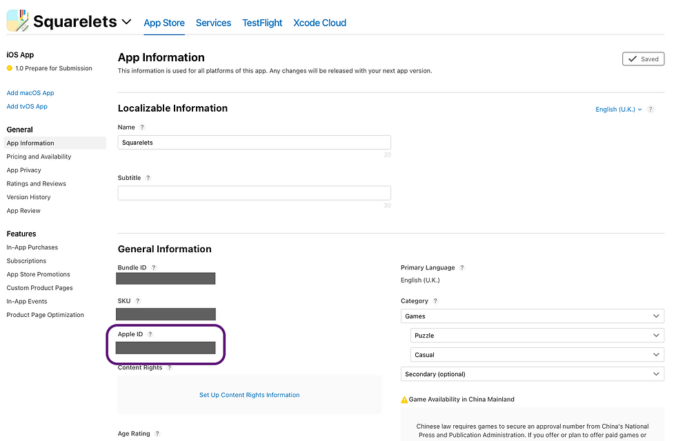 Screenshot from App Store Connect showing where to find app ID for an app