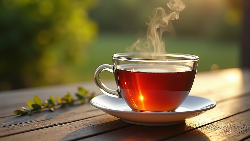 Close-up view of a steaming cup of herbal tea on a wooden table