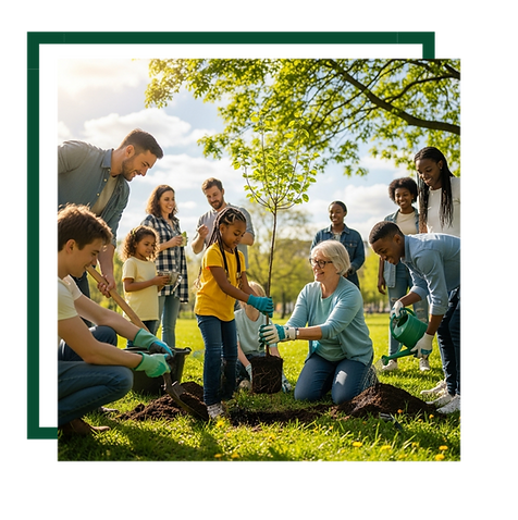 a diverse group of community members joyfully planting a young tree together in a sunny park