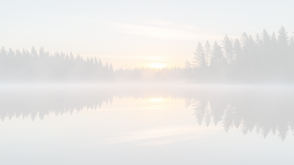 a serene background image of a calm lake at sunrise with misty fog and pine trees reflected in the still water