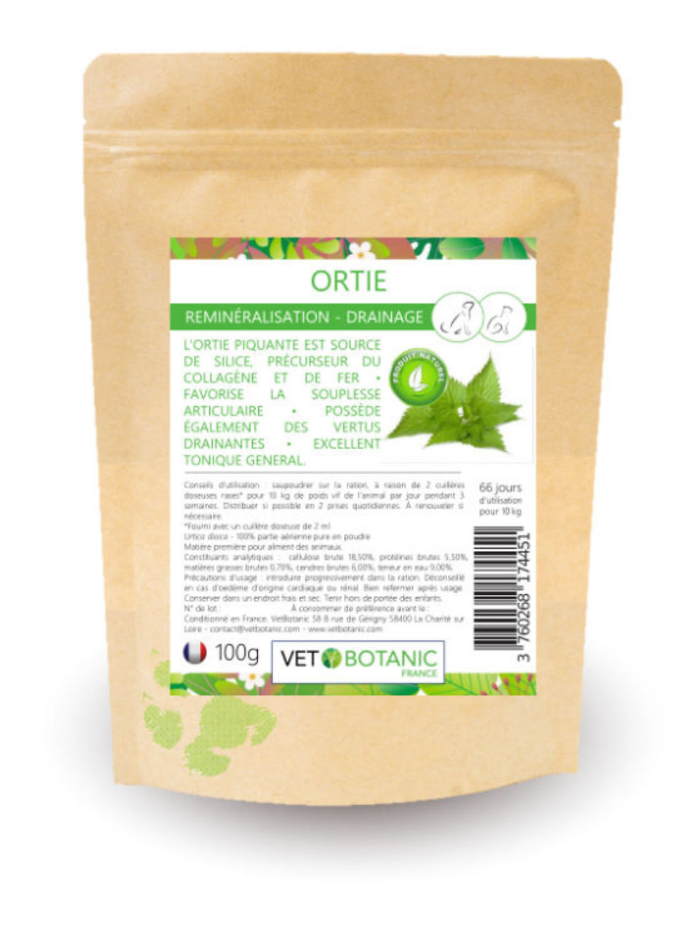 ORTIE Plante pure en poudre – Reminéralisation & draînage chiens et chats