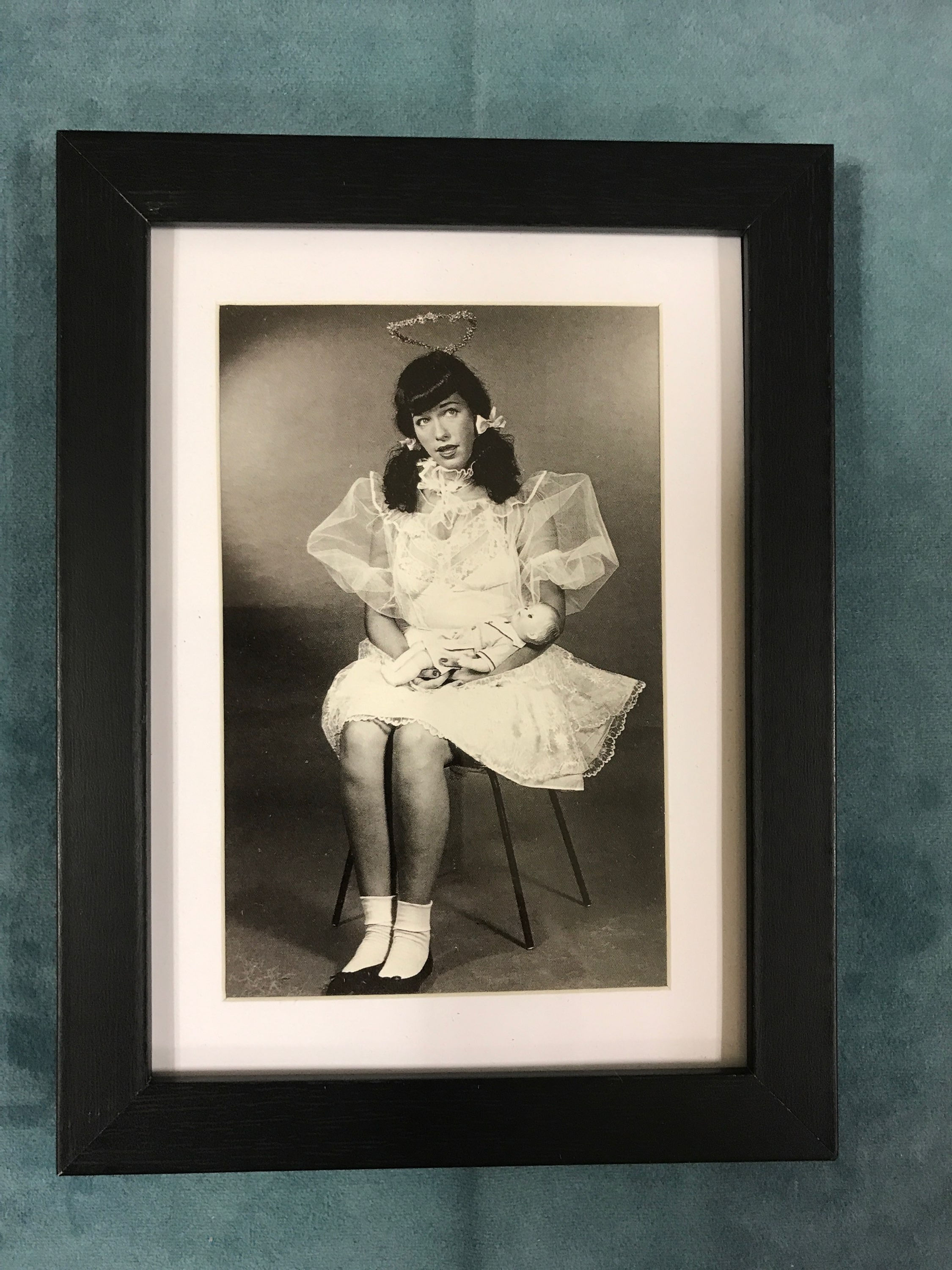 Bettie Page Pin Up Girl Matted & Framed Postcard/Print 6” x 8" Frilly GirlDress