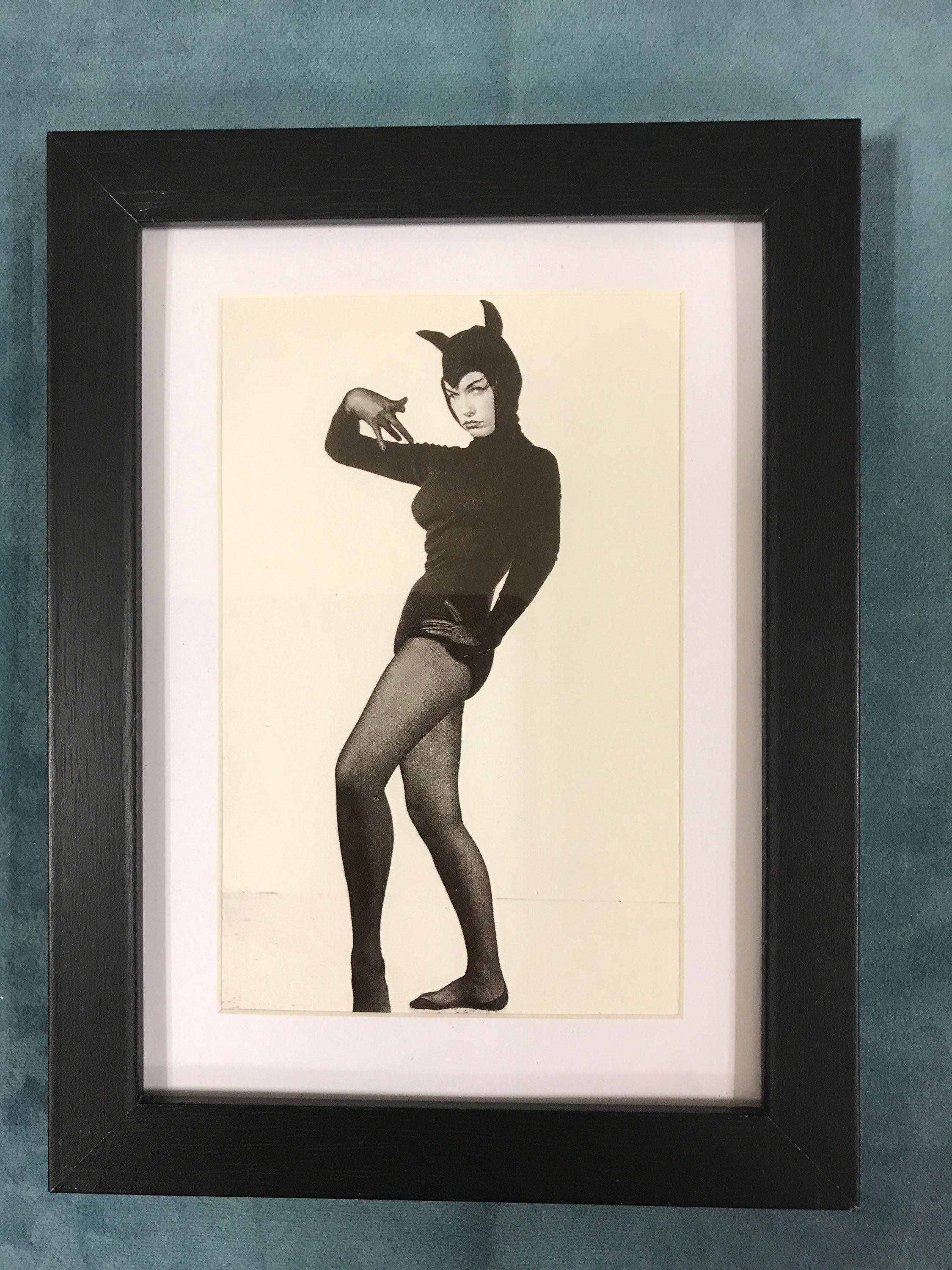 Bettie Page Pin Up Girl Matted & Framed Postcard/Print 6” x 8" Cat Woman Suit