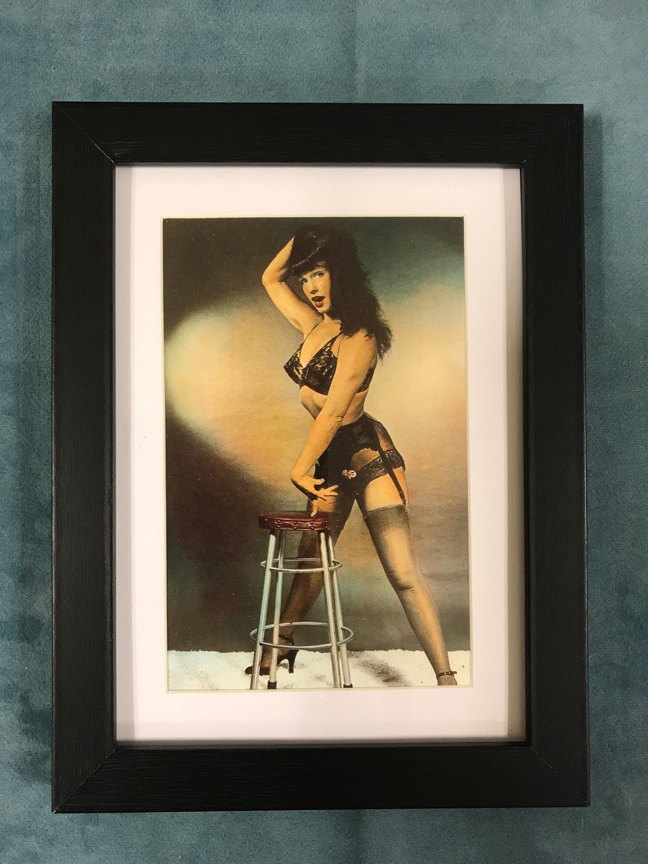 Bettie Page Pin Up Girl Matted & Framed Postcard/Print 6” x 8" Lingerie Stool