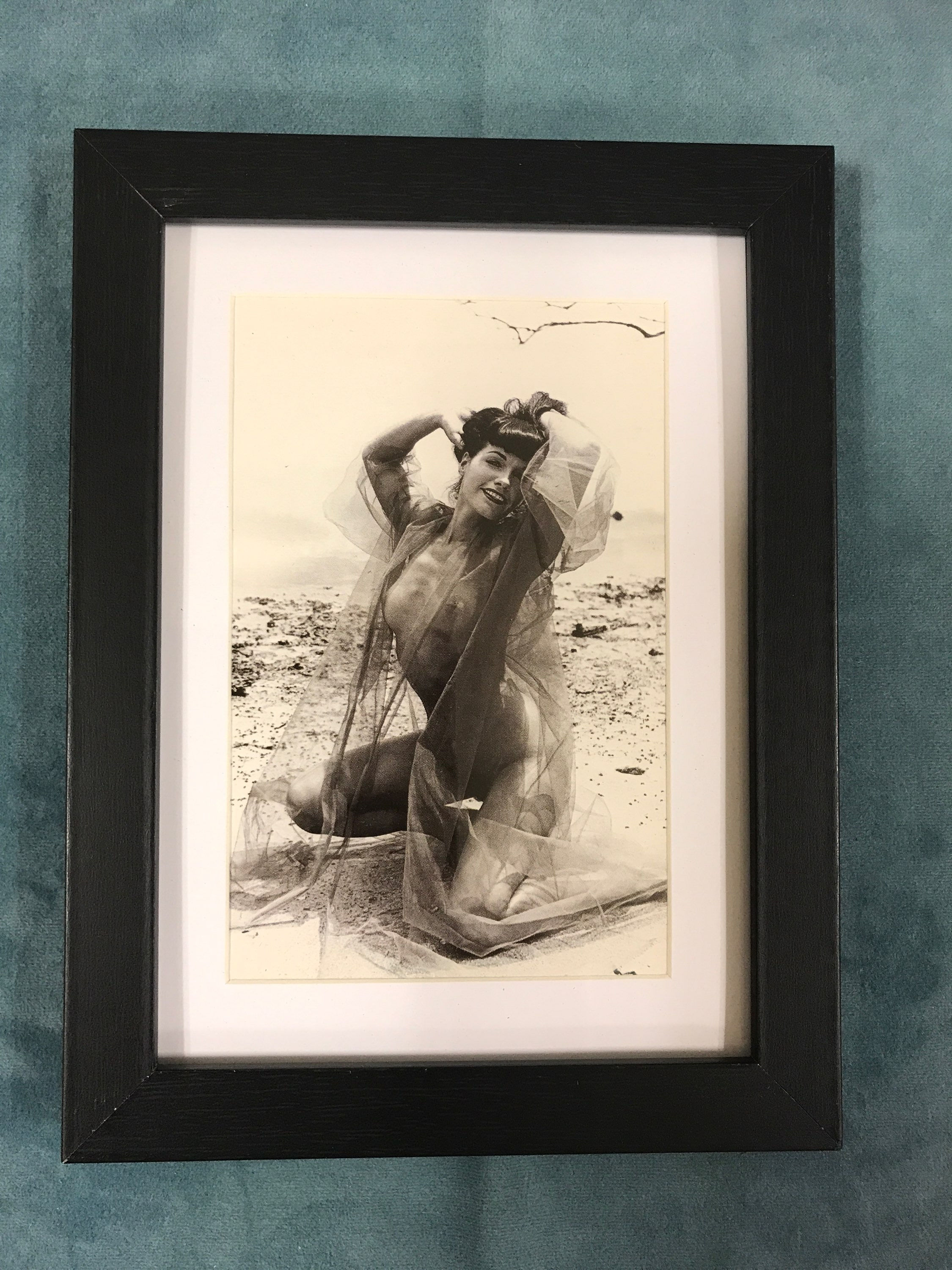 Bettie Page Pin Up Girl Matted & Framed Postcard/Print 6” x 8" Nude Beach Pose