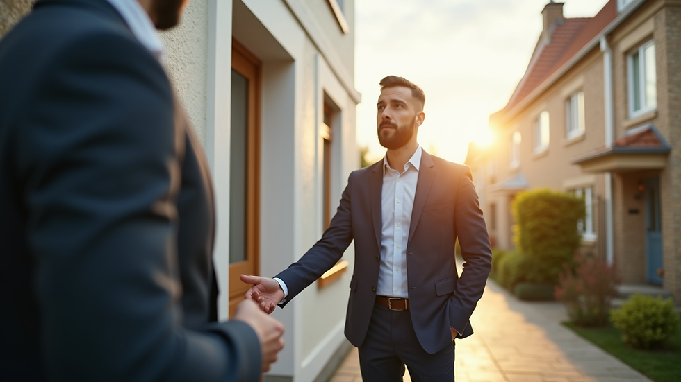 Eye-level view of a real estate agent showing a house to a client