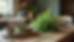 Close-up view of a rustic wooden kitchen table with vintage ceramic dishes and fresh herbs