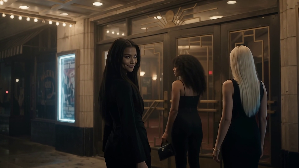 A woman looks back toward another woman in a dimly lit theater doorway.