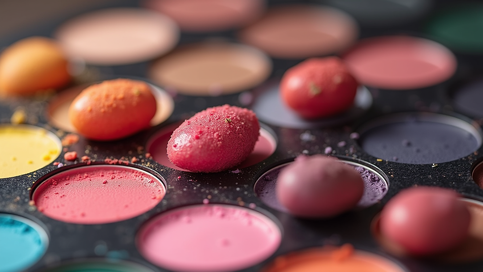 close-up view of colorful makeup products arranged neatly