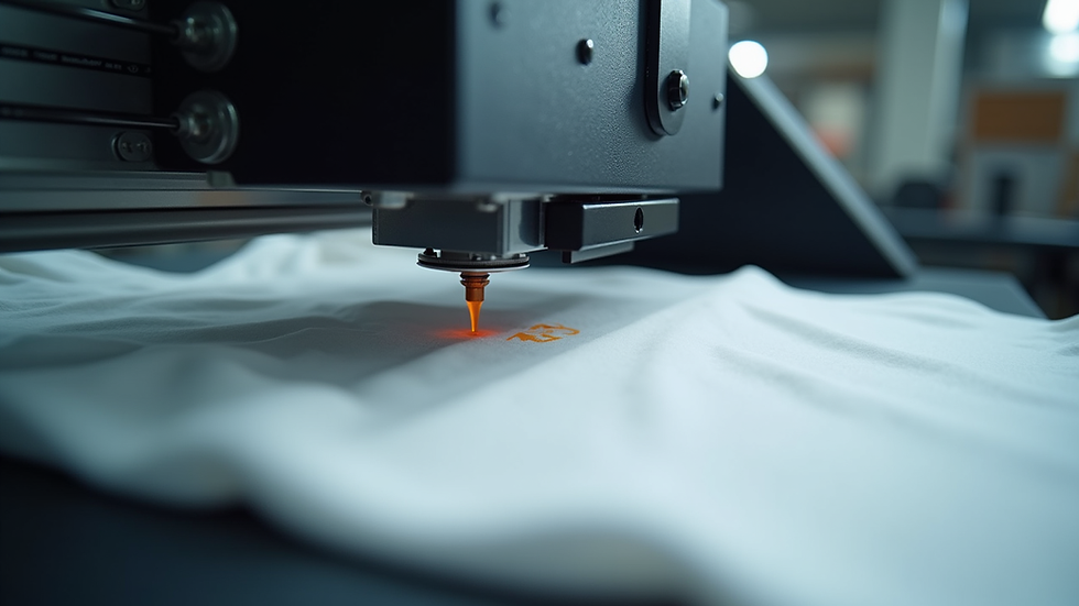 Eye-level view of a printing machine applying ink on a white t-shirt