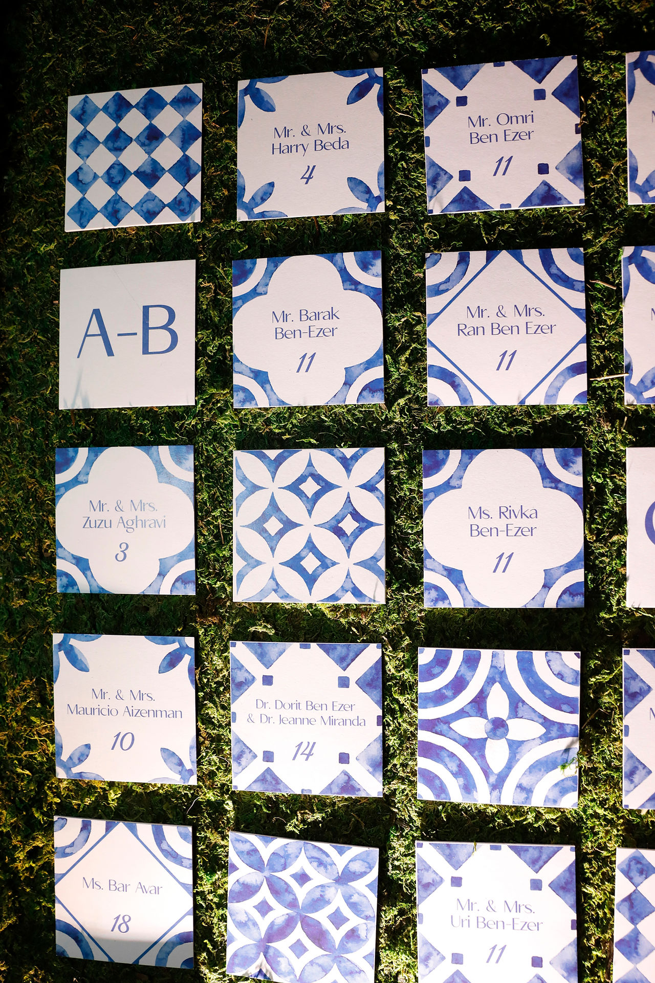 Close up of mosaic tile seating chart at Melissa Davis Designs rehearsal dinner