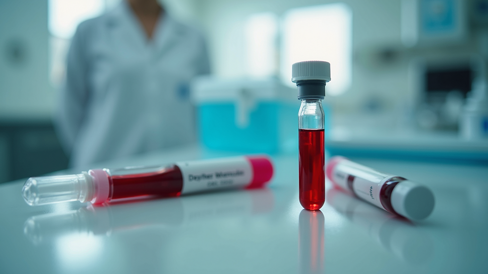 High angle view of a blood test vial and medical equipment