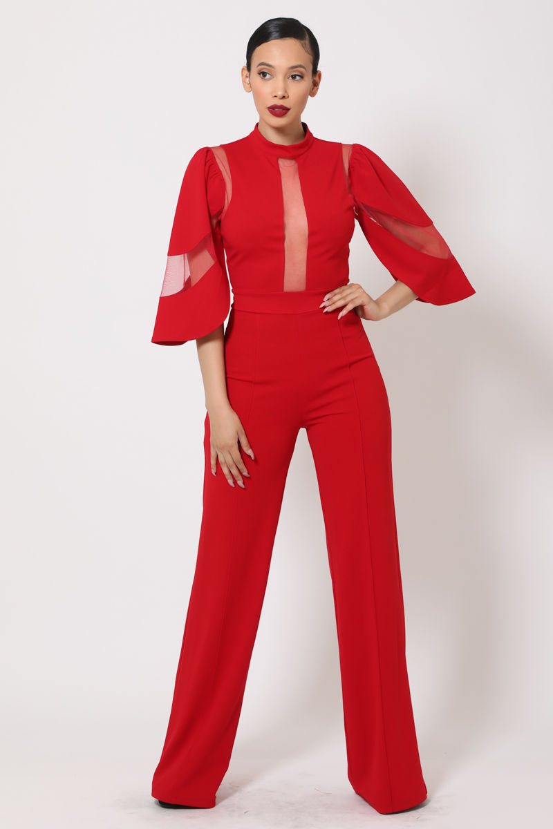 Thumbnail: Semi Sheer Mesh Contrast Bodice Jumpsuit