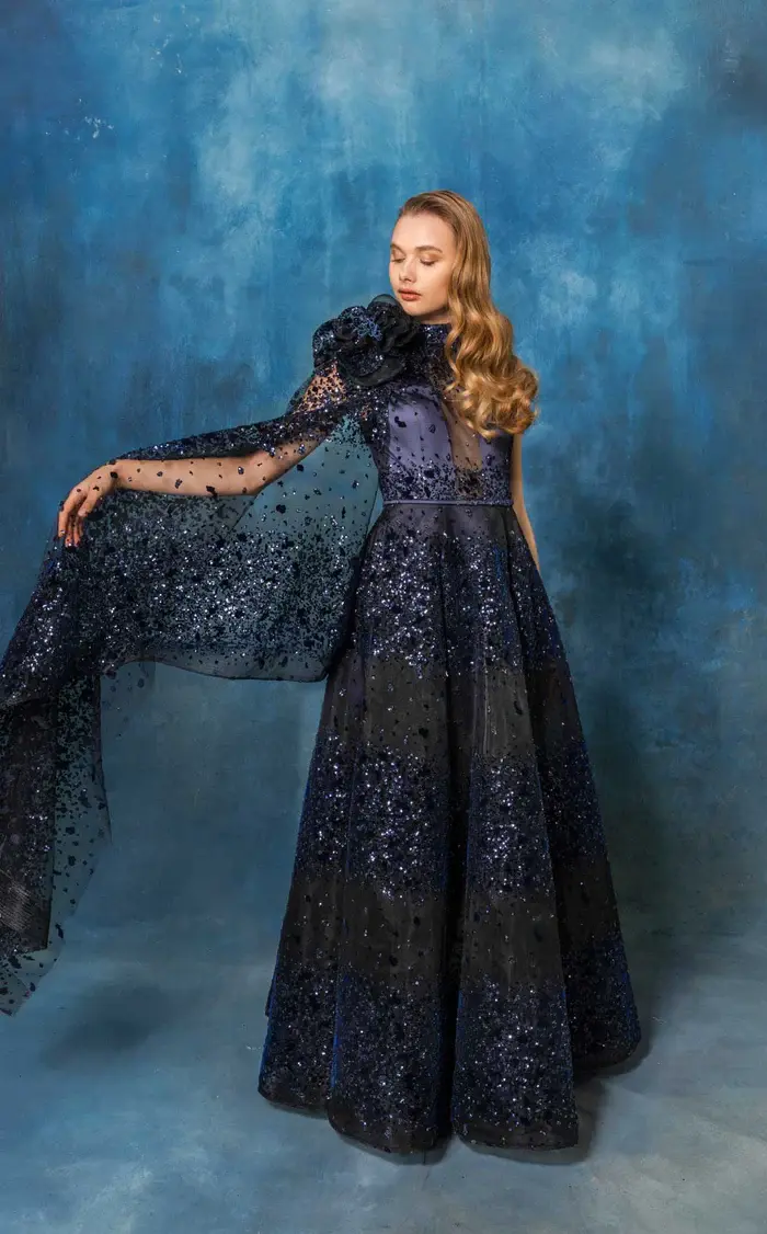 Thumbnail: High Neckline Illusion Long Trail Embellished Evening Gown