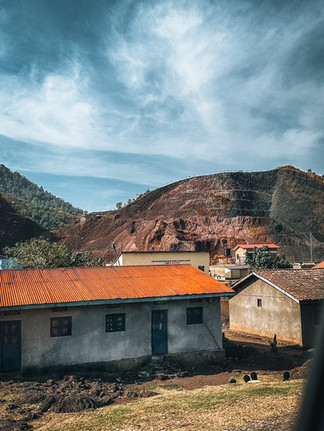 Rustic buildings in the Democratic Republic of Congo, constructed from aged wood and corrugated metal, set amidst vibrant greenery, embodying the region's traditional architectural charm.