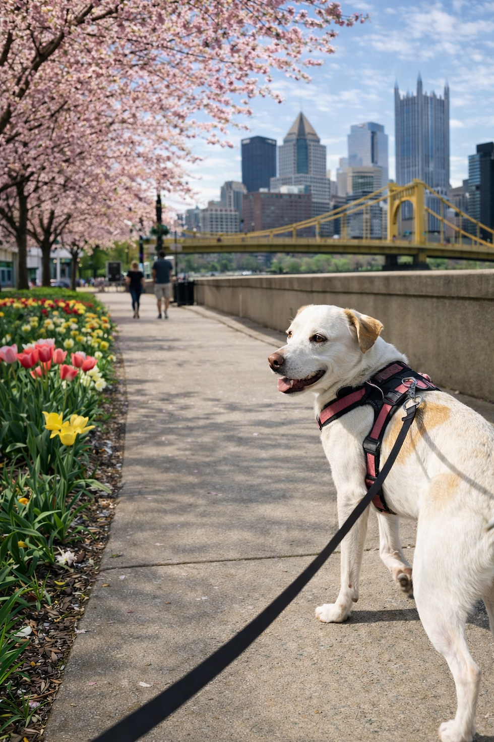A dog on a walk in Pittsburgh. AI generated from real pet photos in our archive.