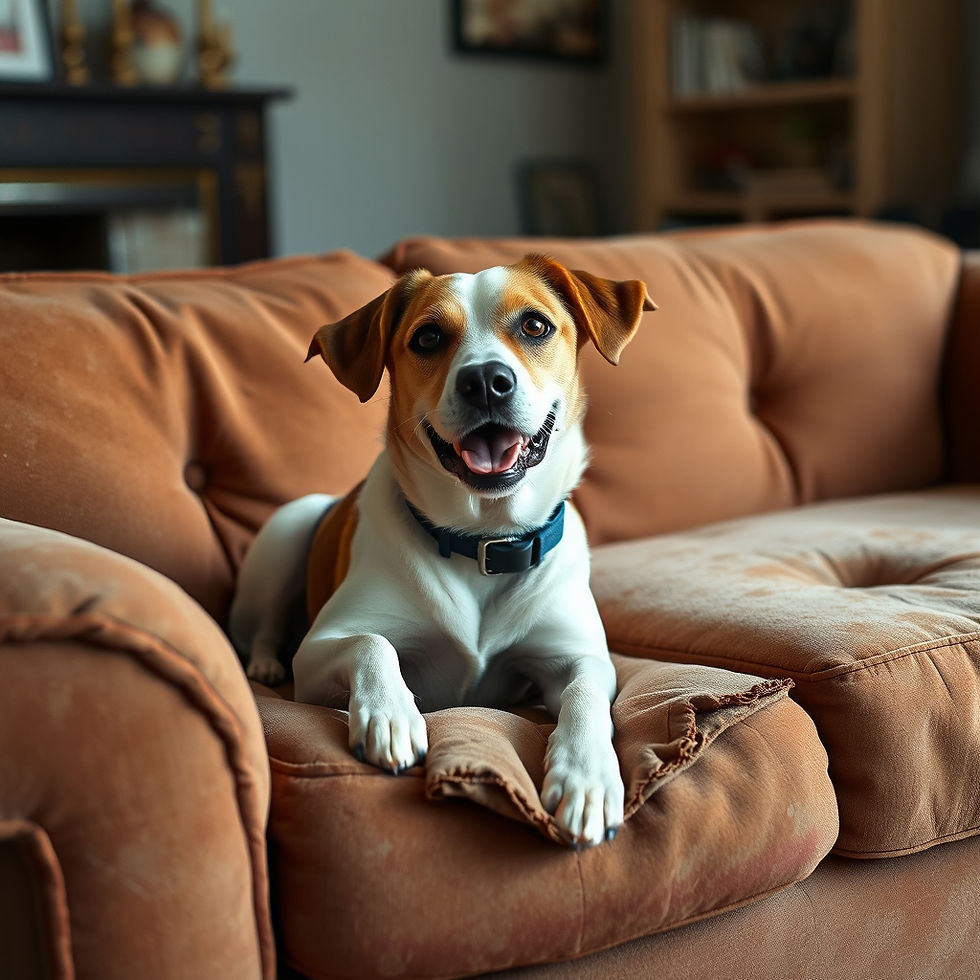 Dog alone sitting on a brown sofa with frayed edges. AI generated.