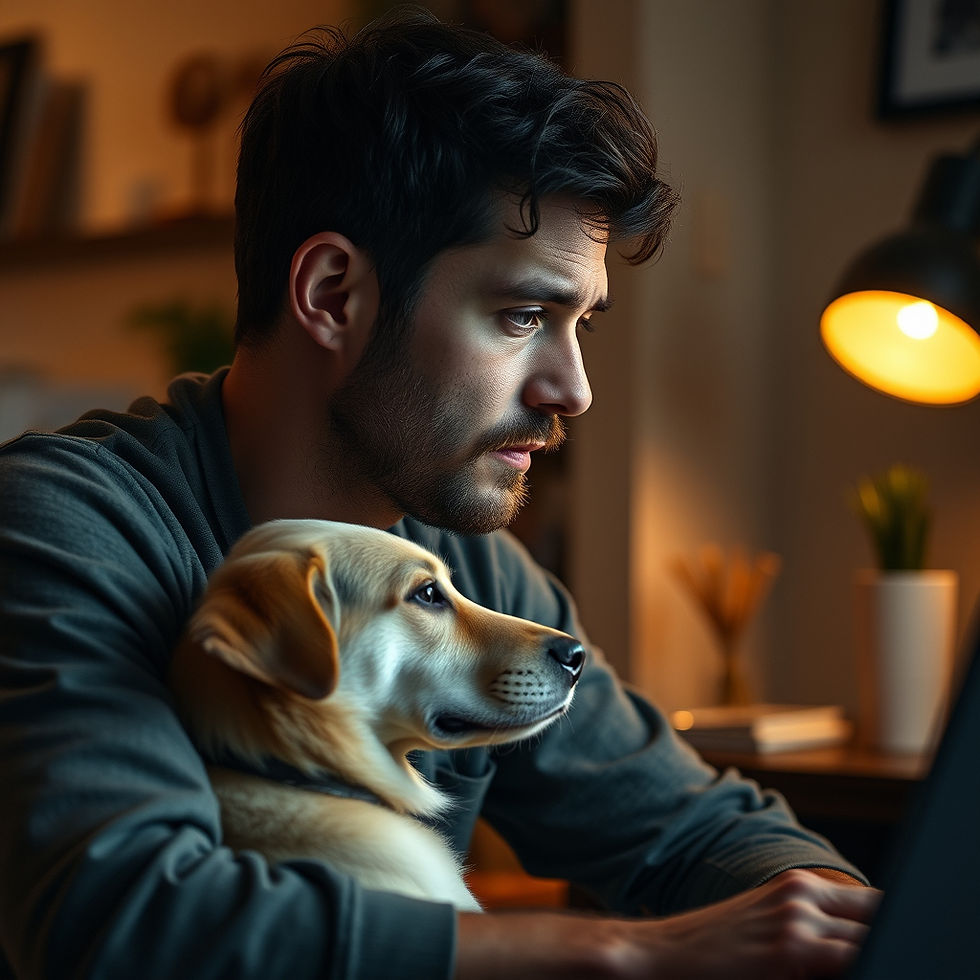 Male employee working at his computer while his pup sits waiting for his walk.