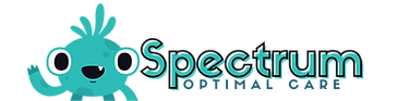 spectrum optimal care aba therapy services logo that is teal with an adorable child monster waving