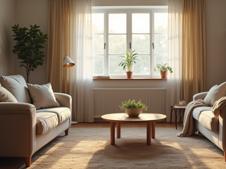Eye-level view of a cozy living room setup for parent training session