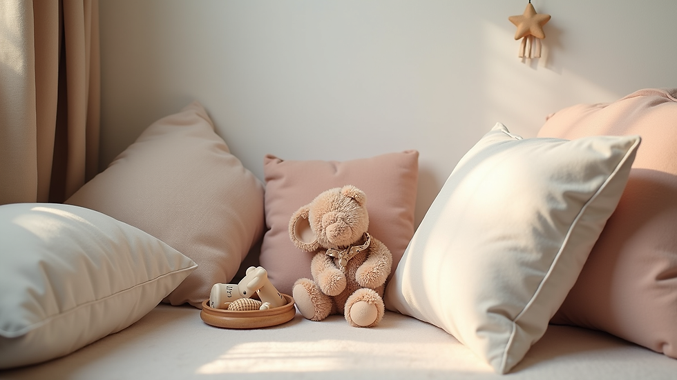 Close-up view of a calm-down corner with soft cushions and sensory toys