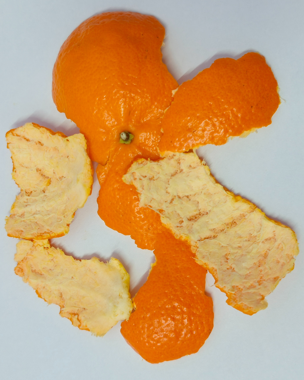 Orange peel segments on a white background, showing vibrant orange color and textures. No text or additional elements present.
