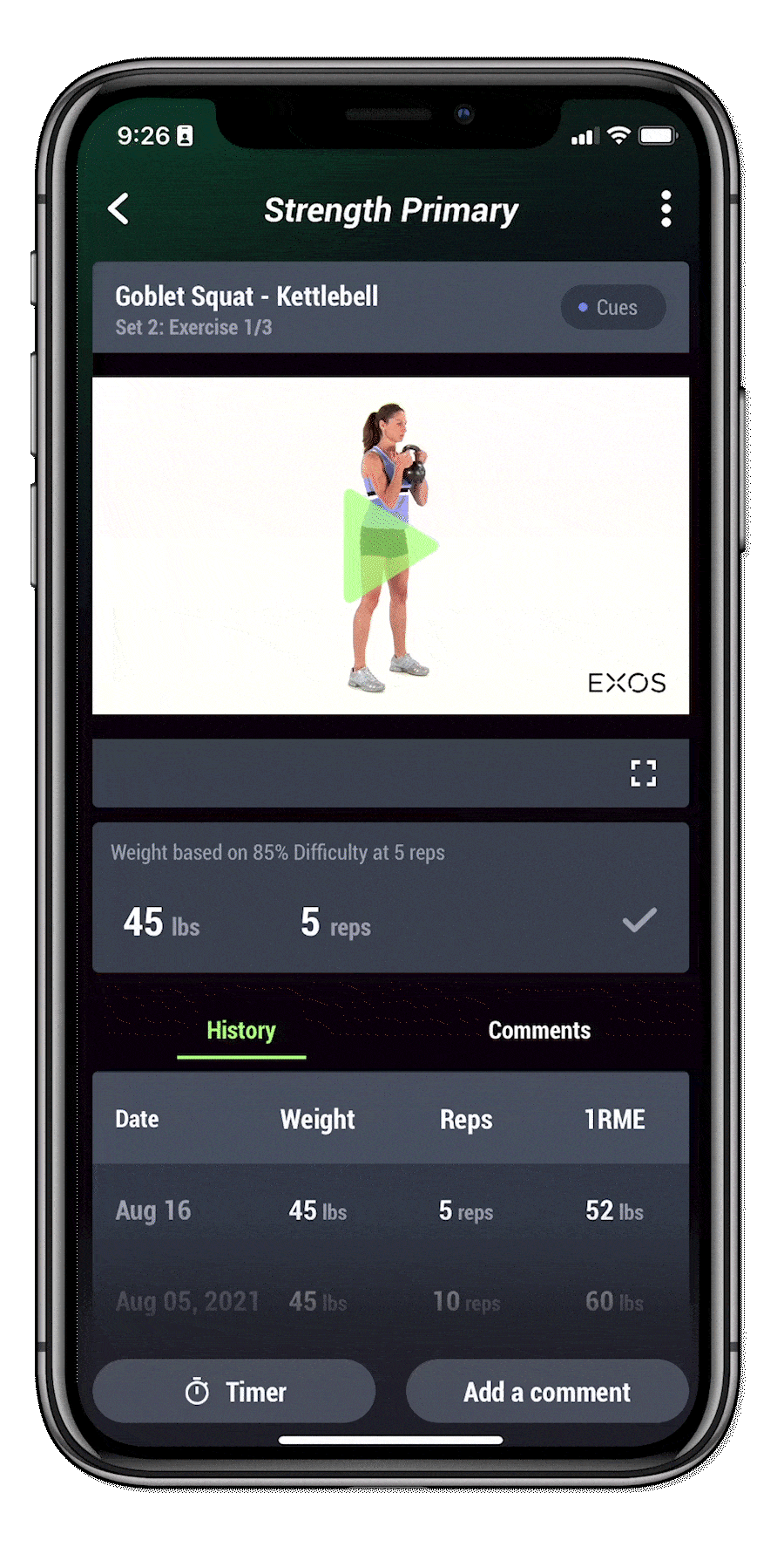 Animated GIF showcasing an at-home rehab training app interface. The first scene displays the app's welcome screen with a fri