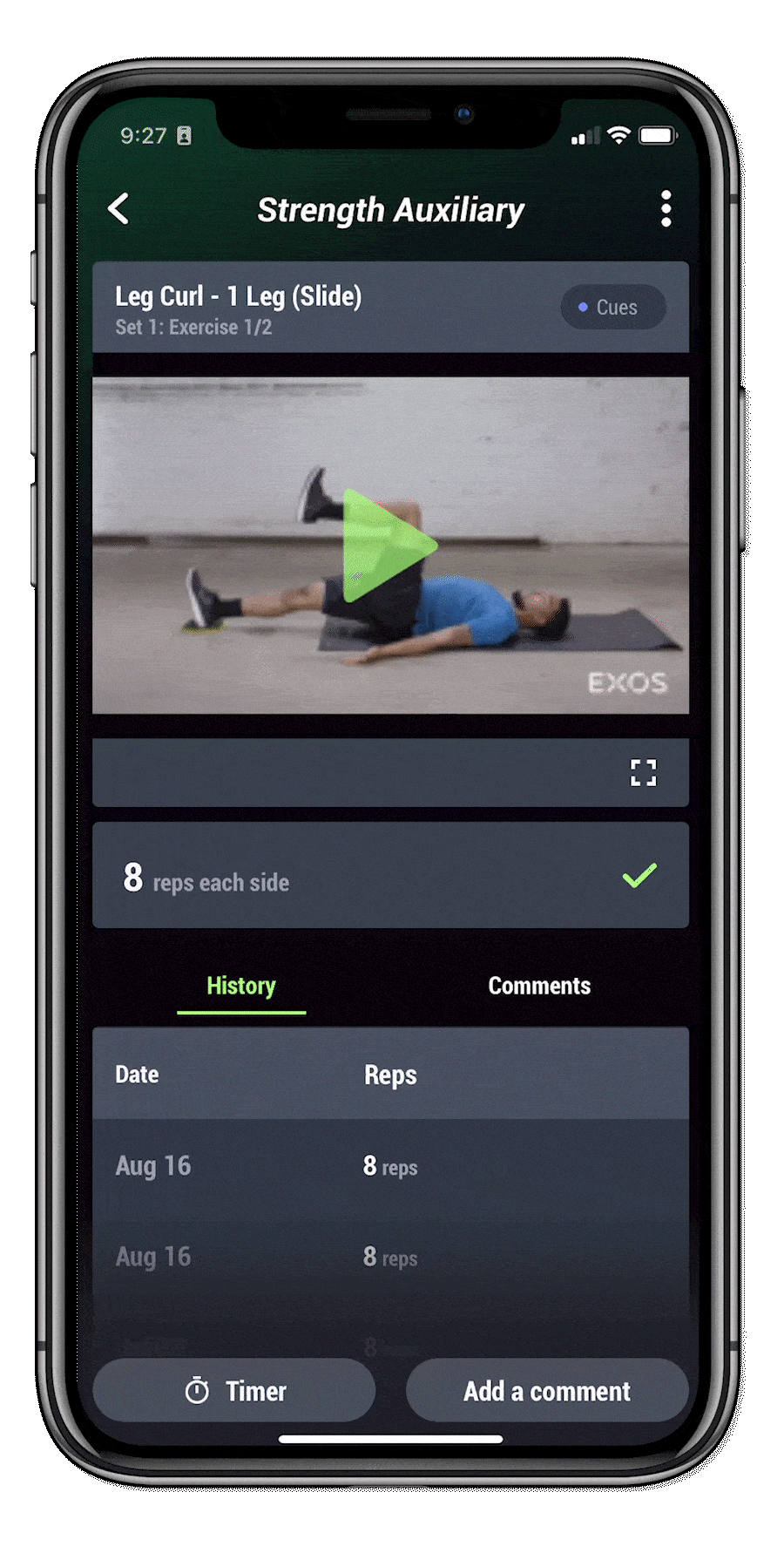 Animated GIF showcasing an at-home rehab training app interface. The first scene displays the app's welcome screen with a fri